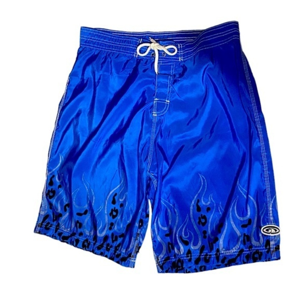 Good Vibes Men Swim Trunks Size 34 Blue Flame Animal Print Board Shorts Y2K Surf